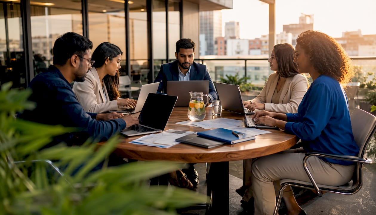 Diverse managers in remote workflow meeting