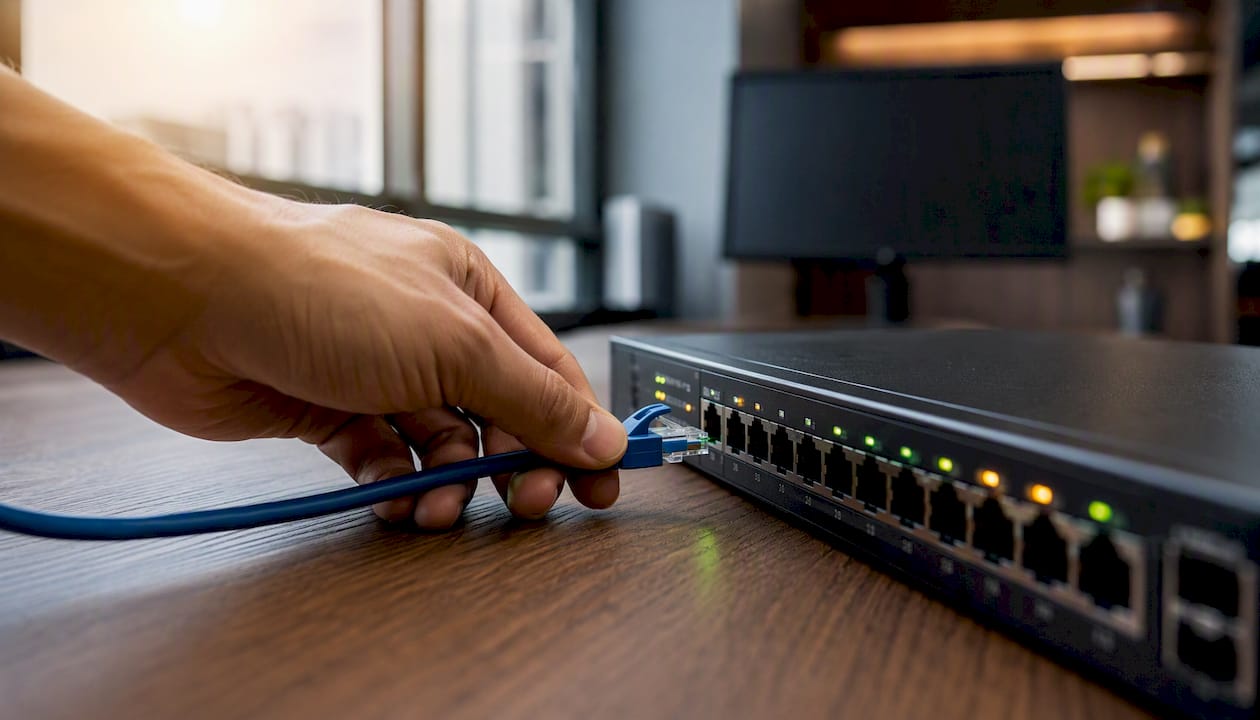 Hand plugging ethernet cable into network switch