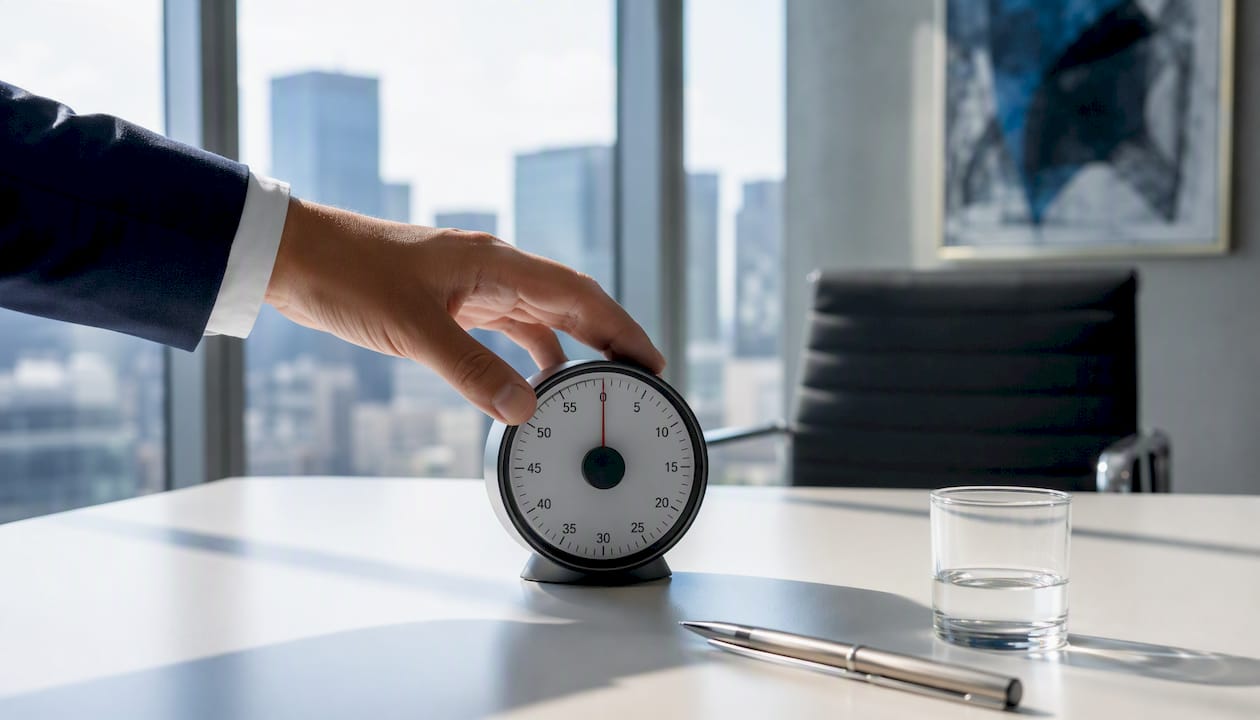 Hand adjusting desk timer in office