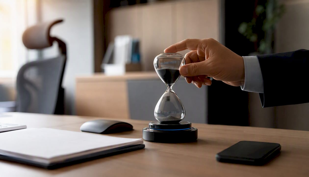 Hand adjusting timer on office desk