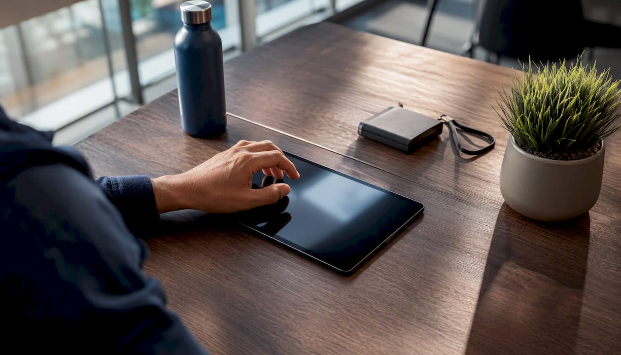 Hand flipping keycard near blank laptop