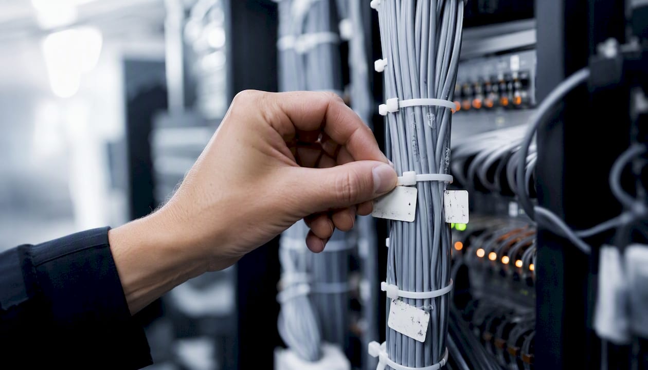 Hand organizing cables with ties in IT room