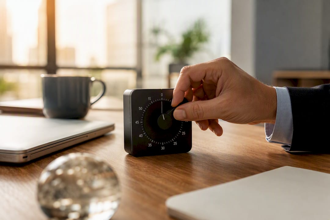 Hand adjusting timer on conference table