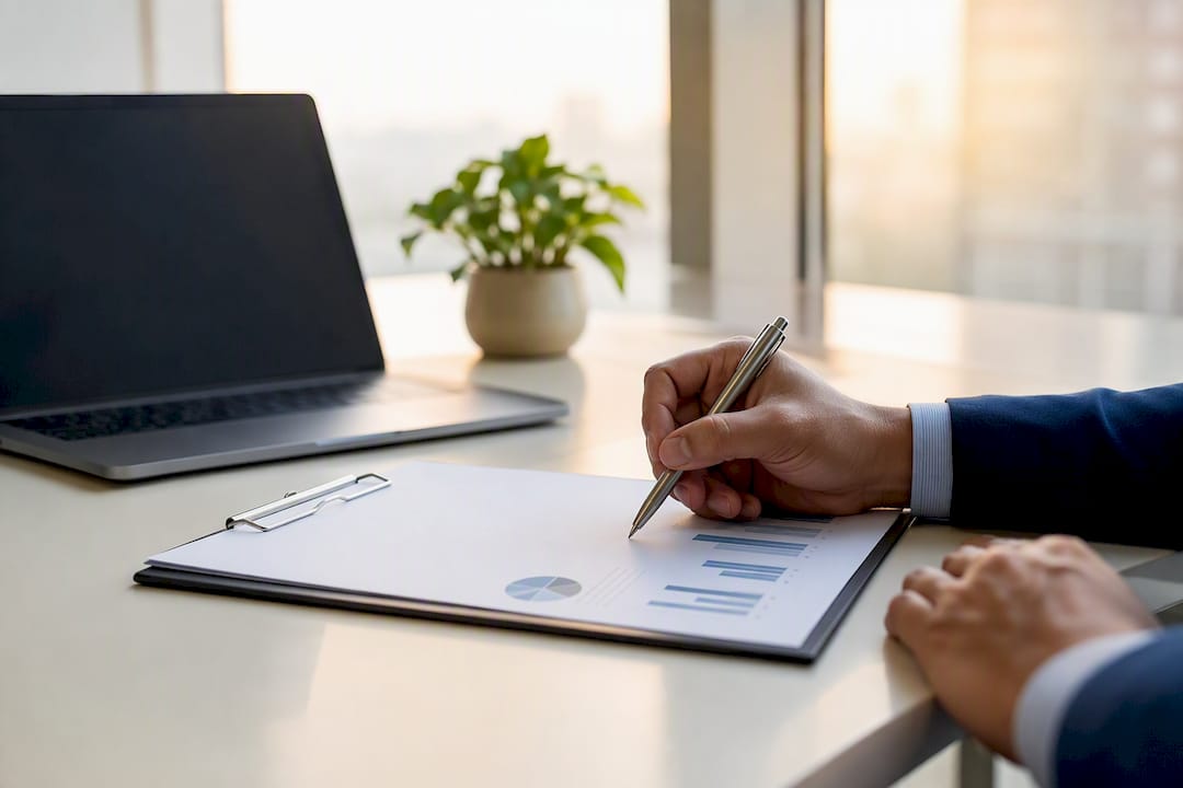 Hand poised over financial graph in office