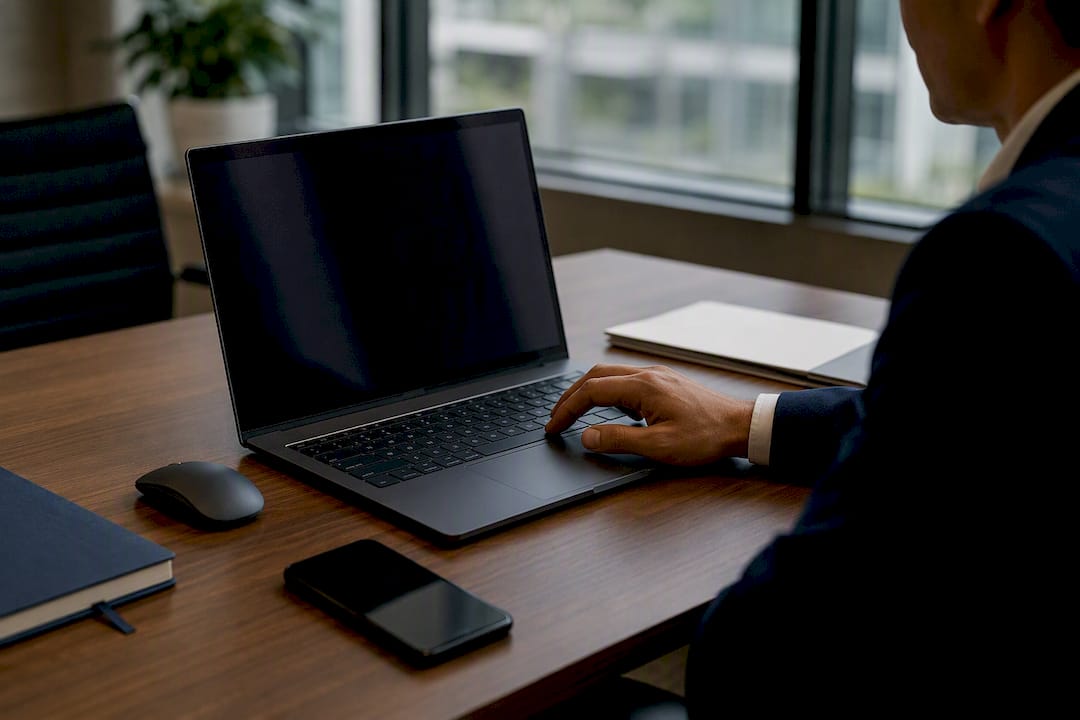 Hand adjusting AI meeting summary settings on dark laptop