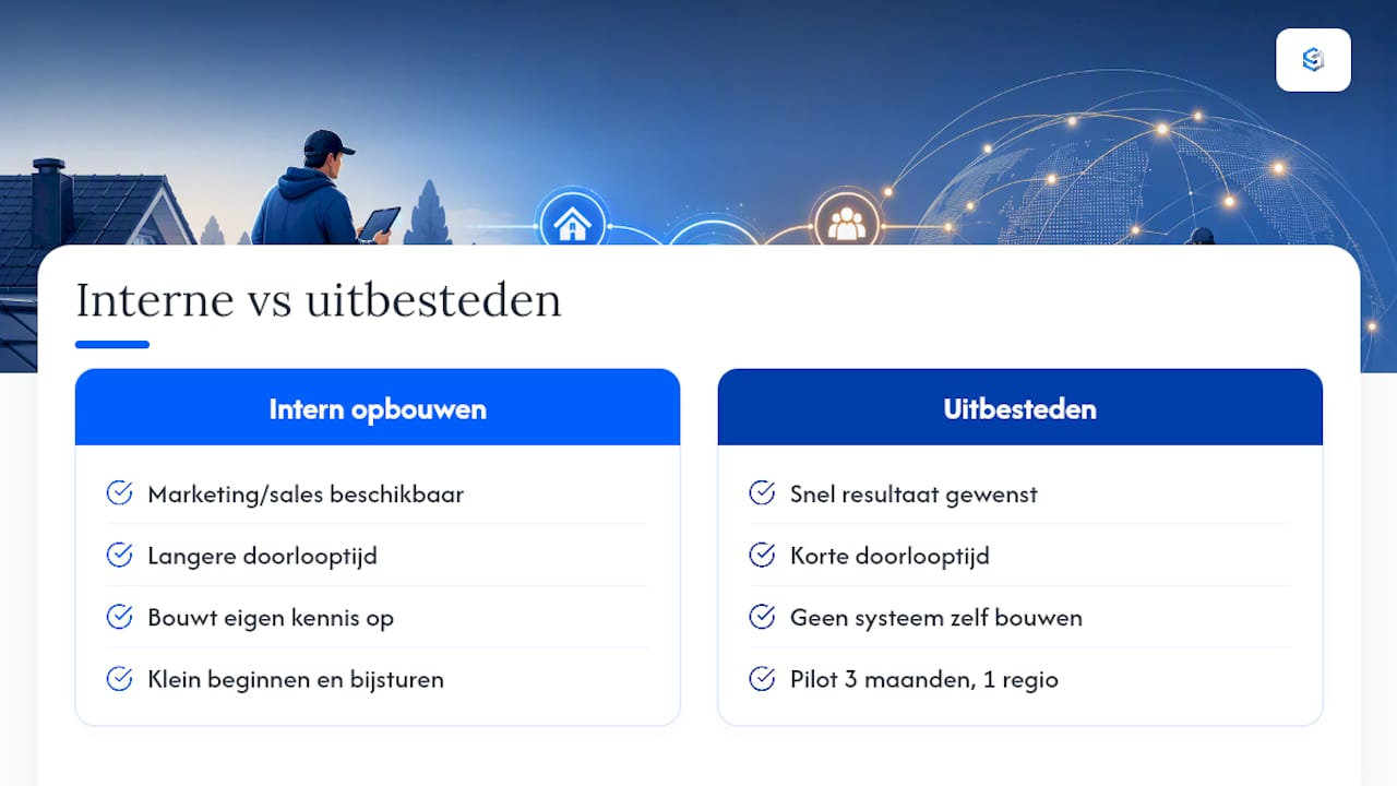 Zelf opbouwen of uitbesteden: welke route past bij jouw dakbedrijf? — overview diagram