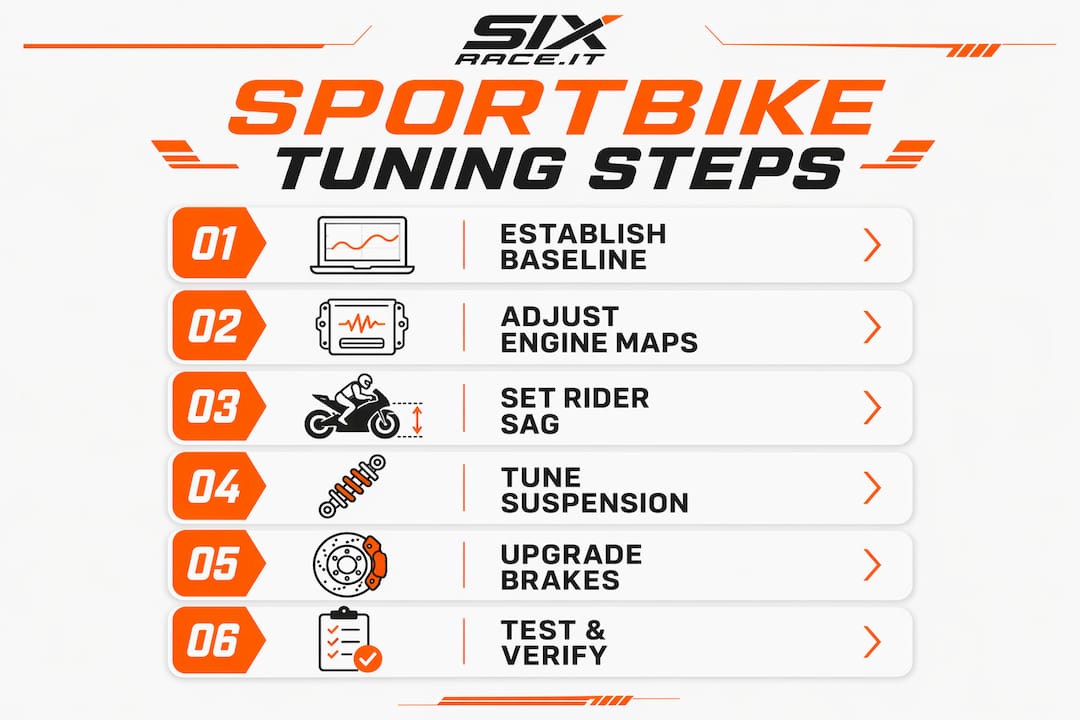 Infografik zur schrittweisen Anleitung des Tuningprozesses für Sportmotorräder