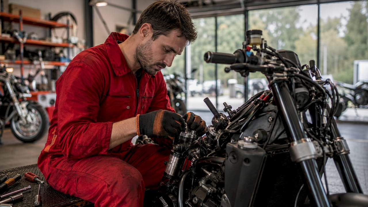 Techniker optimiert Sportmotorradmotor in der Garage