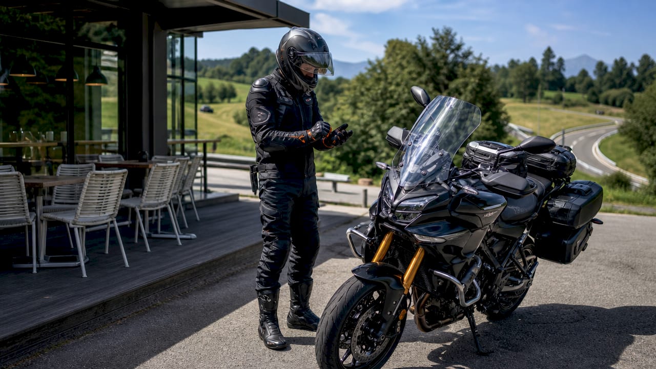 Motorradfahrer in voller Schutzausrüstung bereitet sein Motorrad im Freien vor