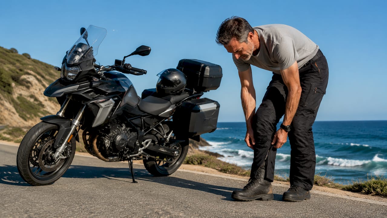 Motocycliste ajustant son pantalon de tourisme à l'extérieur