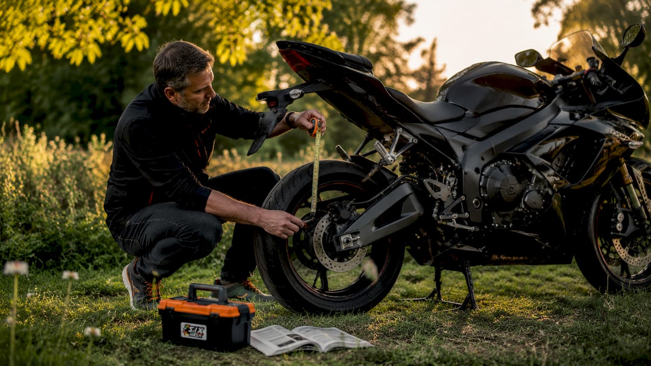 Un homme mesure l'affaissement de la suspension arrière d'une moto en extérieur