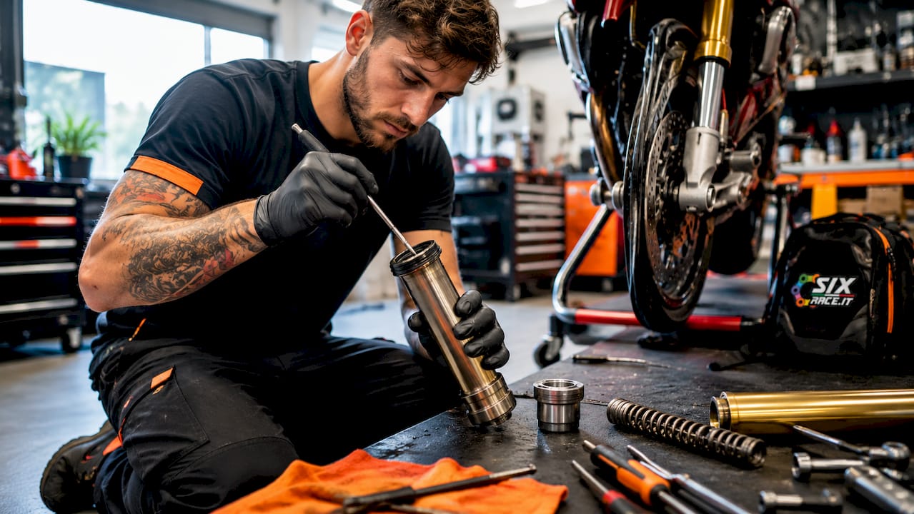 Gros plan sur des mains remplaçant les joints de fourche d'une moto