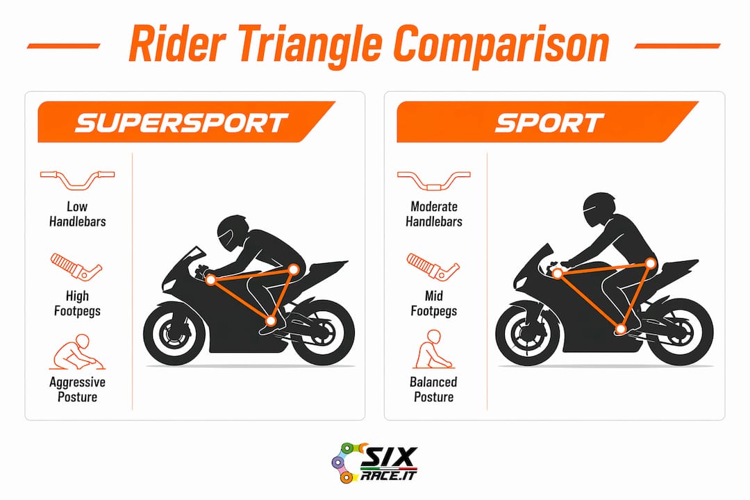 Infografía que compara el triángulo del piloto en motocicletas supersport y deportivas.