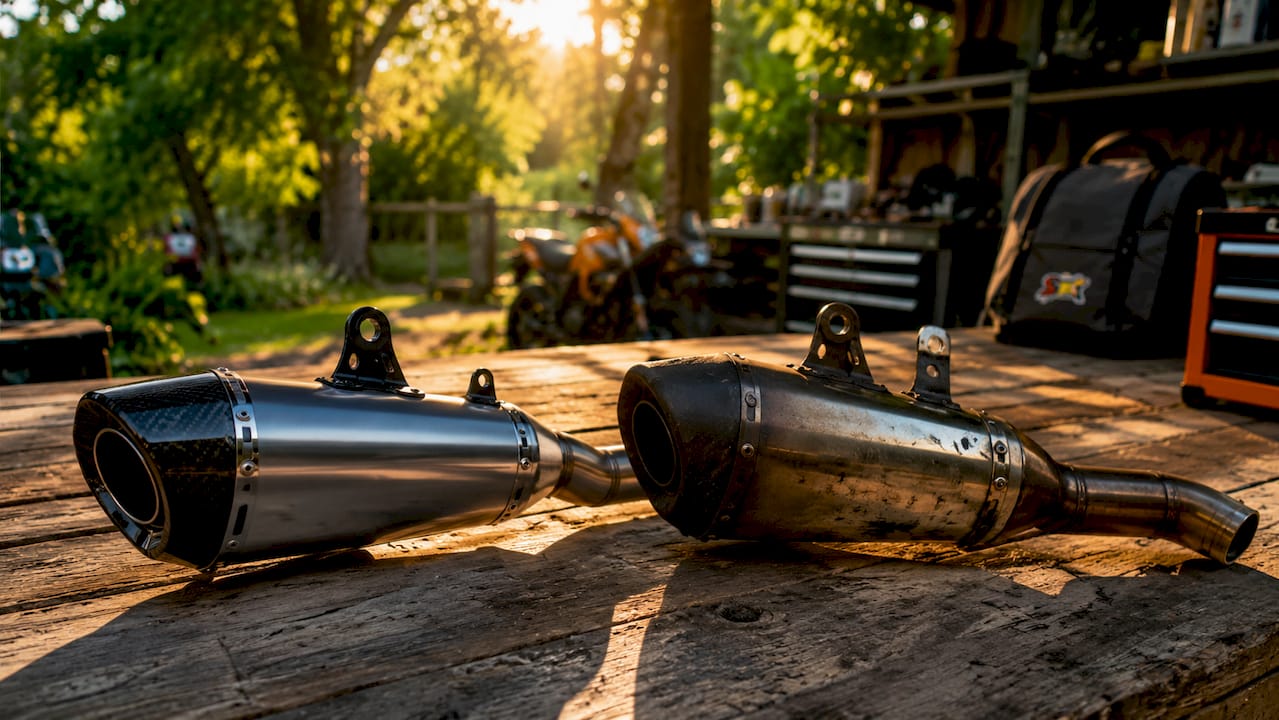 Close-up of two different motorcycle exhaust pipes side by side