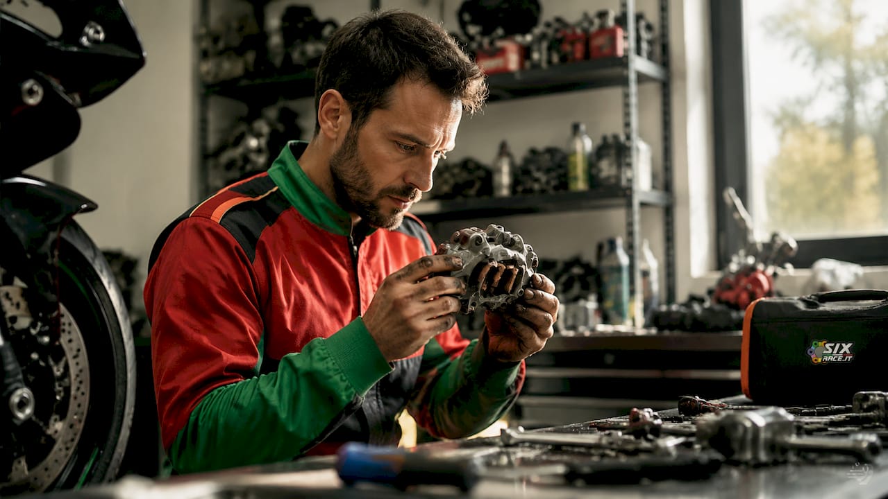 Mechanic inspecting motorcycle brake caliper in garage