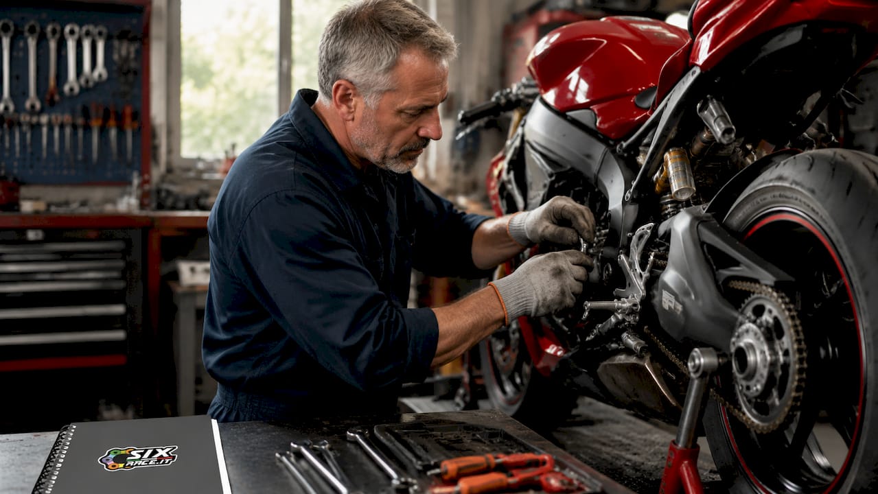 Mechaniker baut passgenaues Motorradteil in der Garage ein