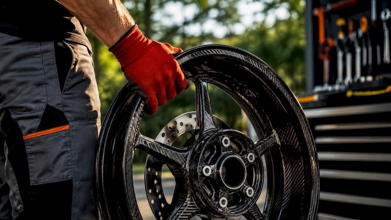 Close-up of lightweight motorcycle wheel in workshop