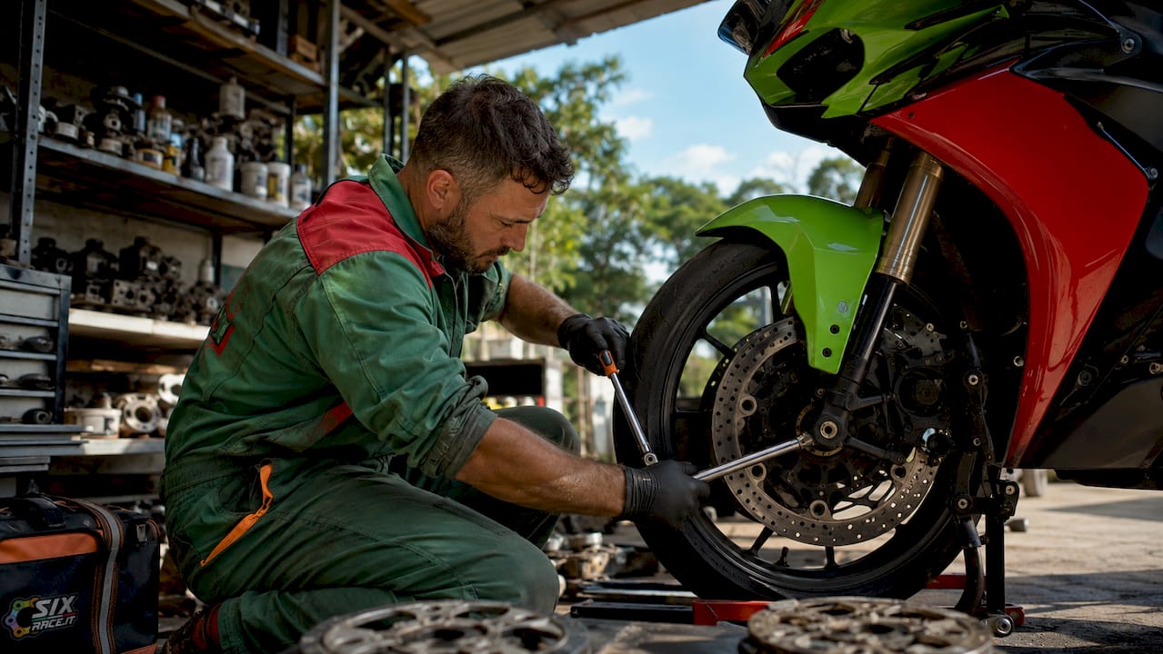 Mechanic working on motorcycle weight reduction