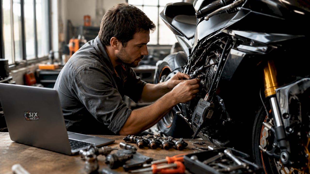 Réglage du système d'alimentation en carburant d'une moto par un mécanicien en atelier