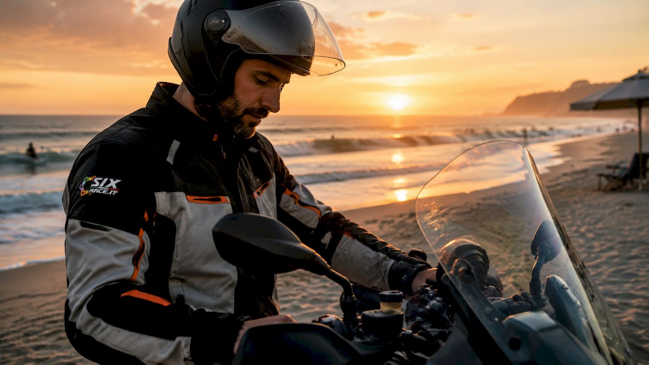 Motorradfahrer inspiziert im Freien die Windschutzscheibe seines Motorrads