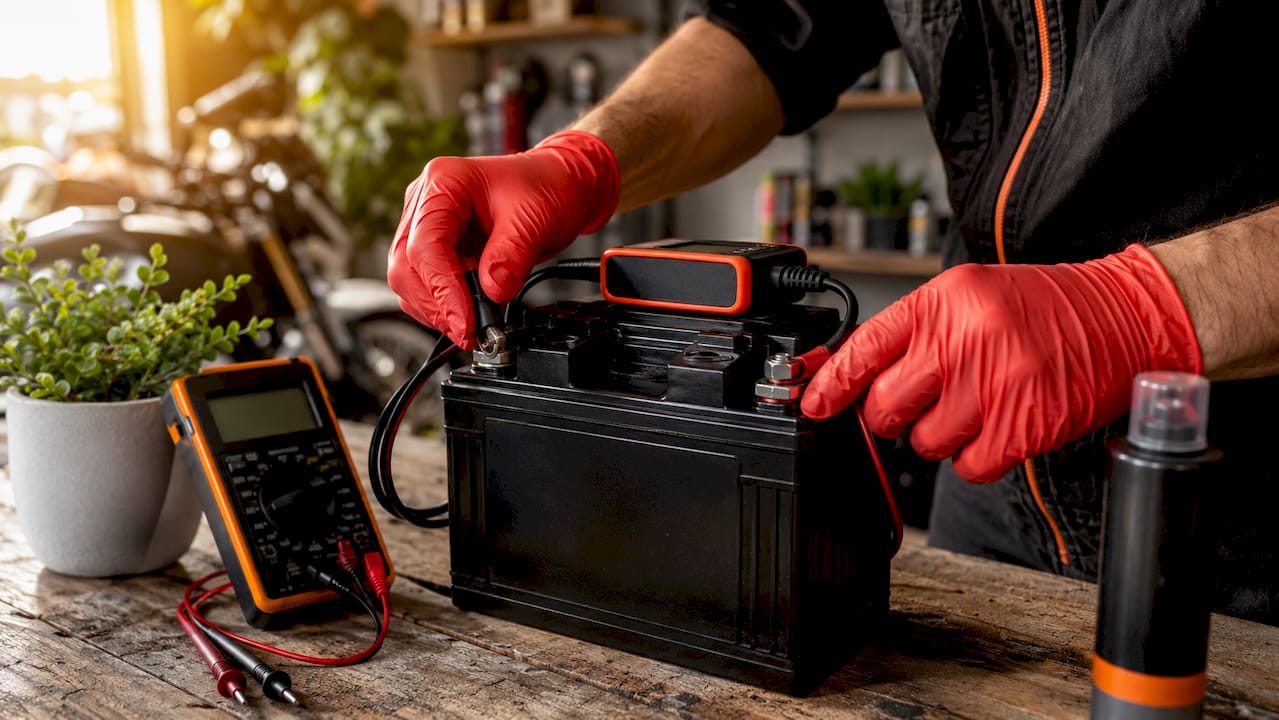 Hände pflegen Motorradbatterie mit Ladegerät