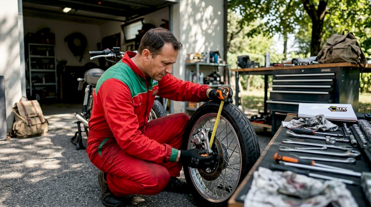Mecánico midiendo el soporte de la pinza de freno en una motocicleta