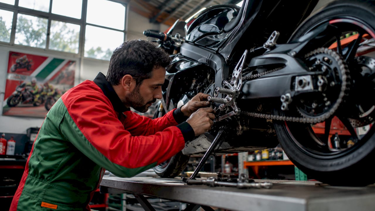 Mecánico instalando estriberas traseras de motocicleta en taller