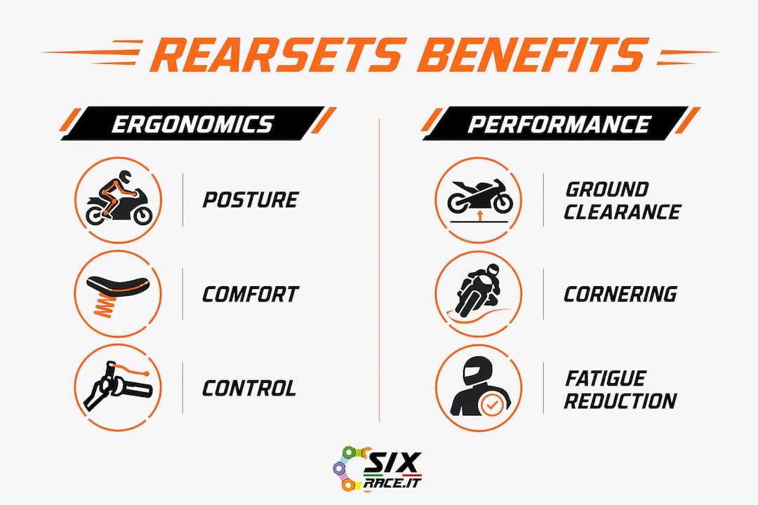 Infografía que compara la ergonomía y las ventajas de rendimiento de los reposapiés retrasados.