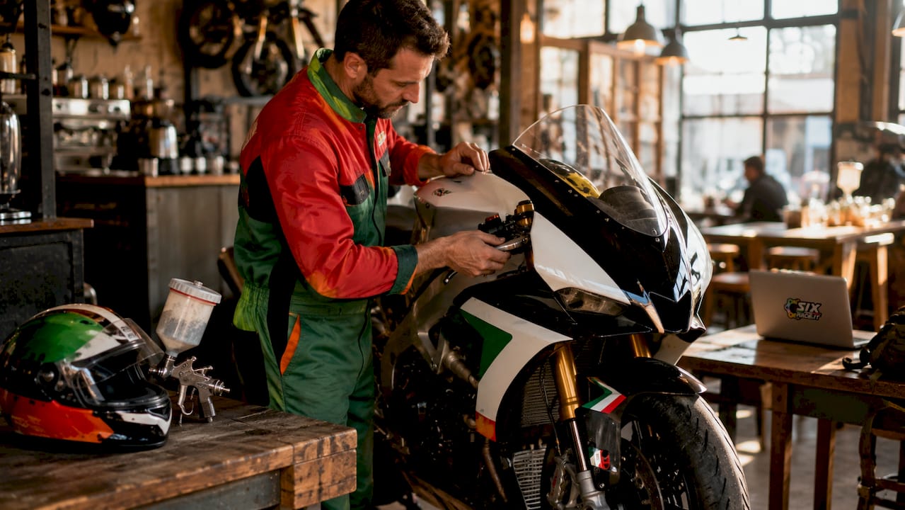 Mecánico instalando carenado de motocicleta en taller