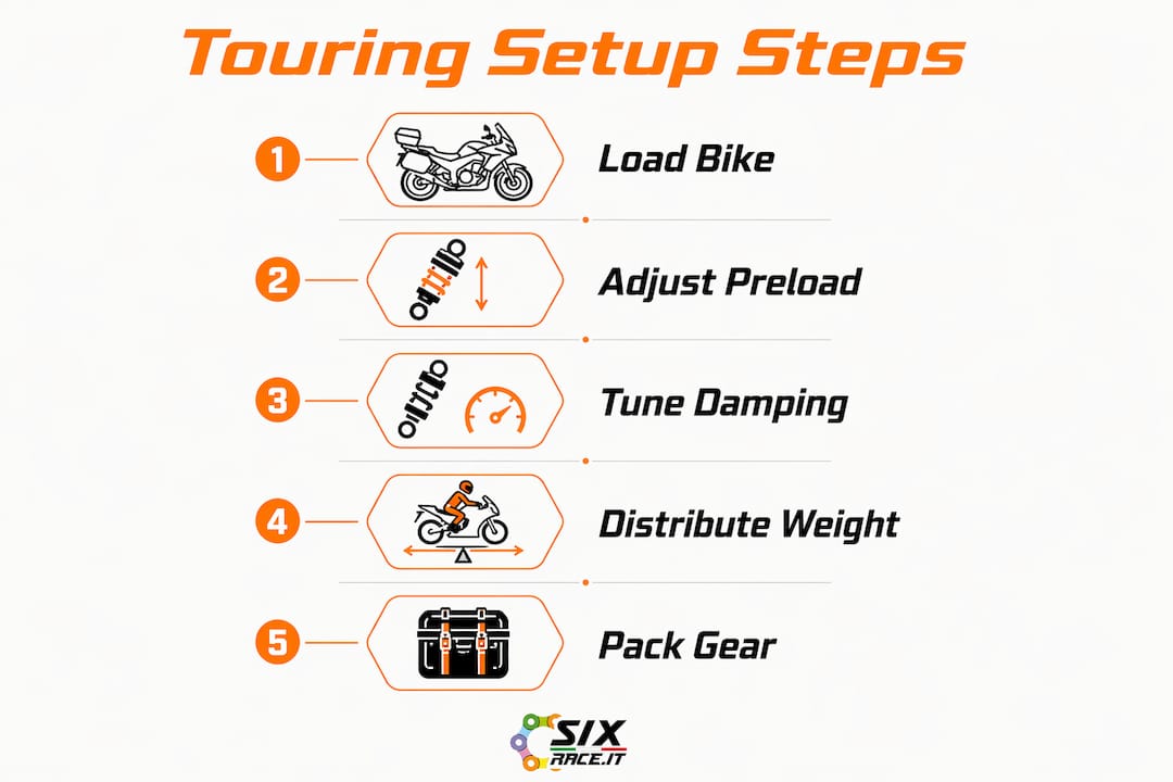 Infografía que muestra la configuración paso a paso de una motocicleta de turismo.