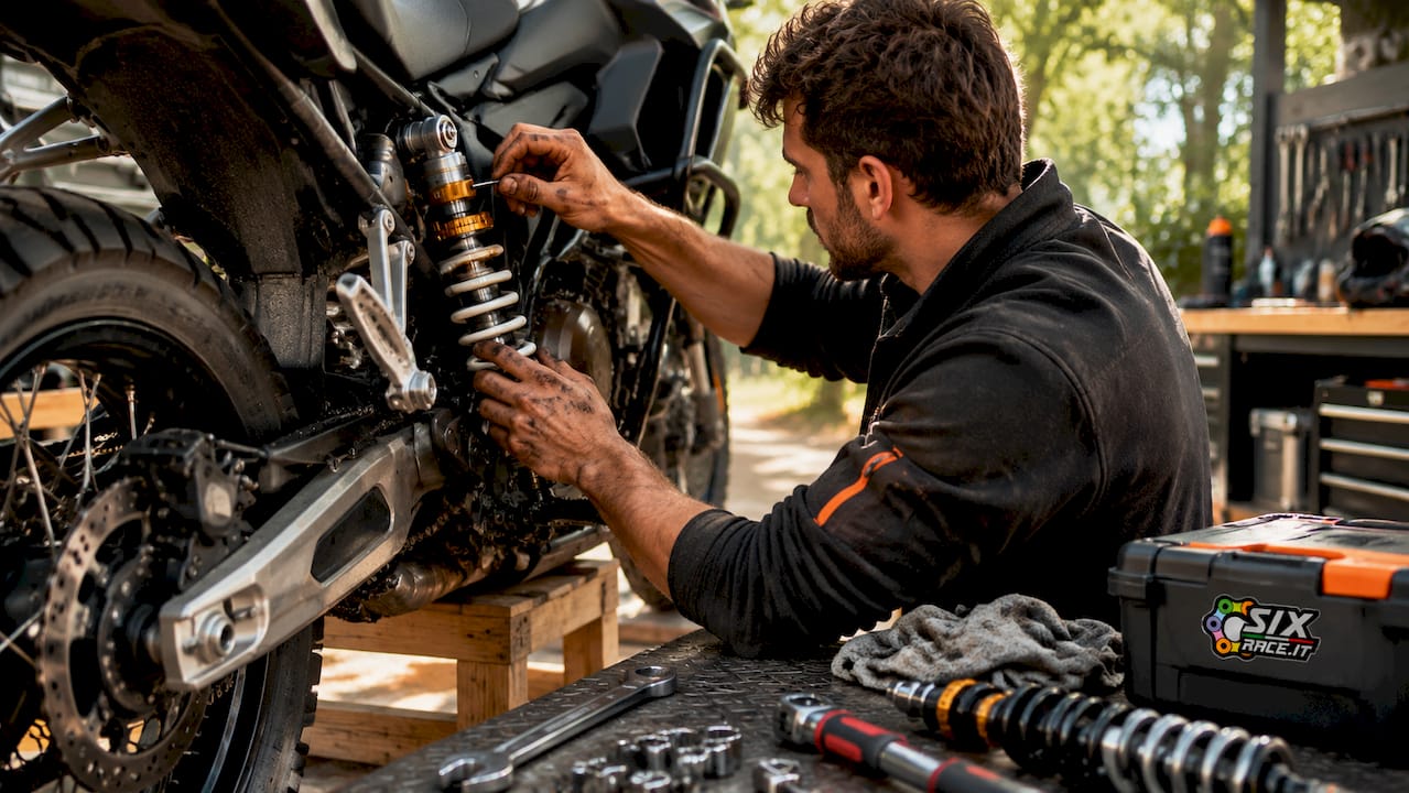 Ajuste mecánico de la suspensión de motocicletas en interiores