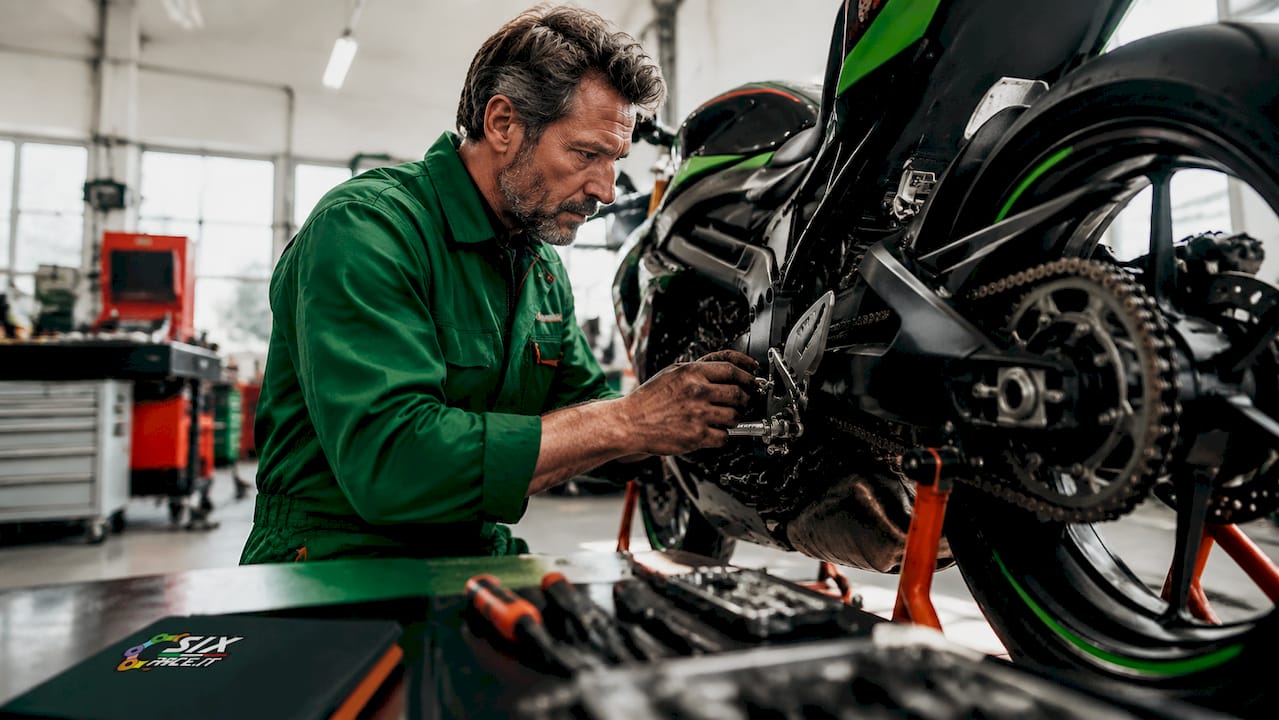Mecánico inspeccionando motocicleta modificada en taller.