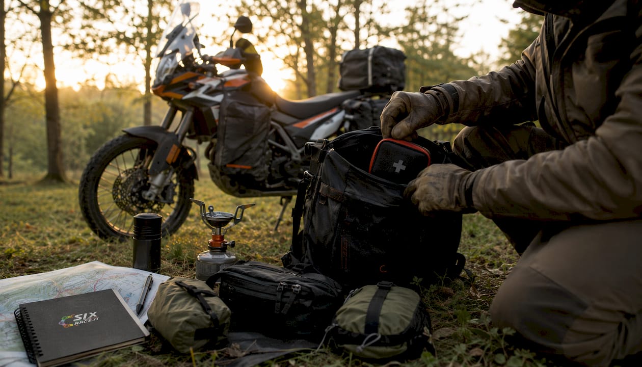 Manos organizando equipo de motociclismo de aventura al aire libre