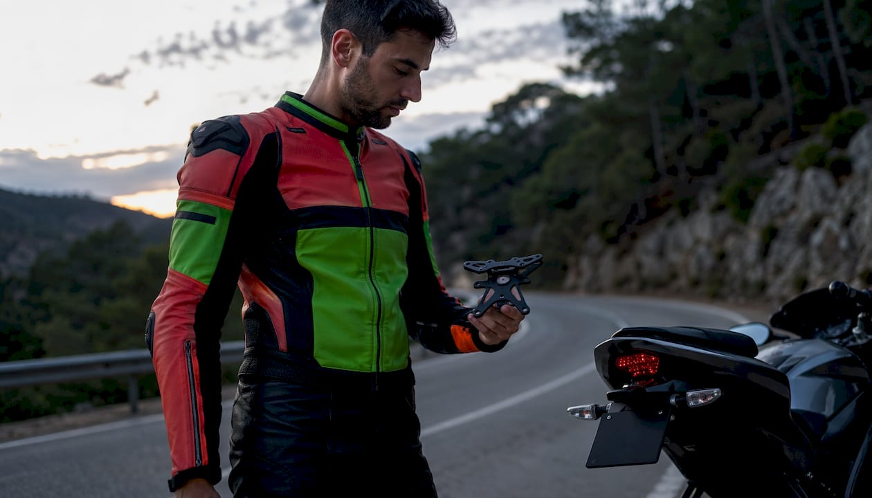 Motociclista inspeccionando al aire libre una pieza de repuesto para el portamatrículas trasero.