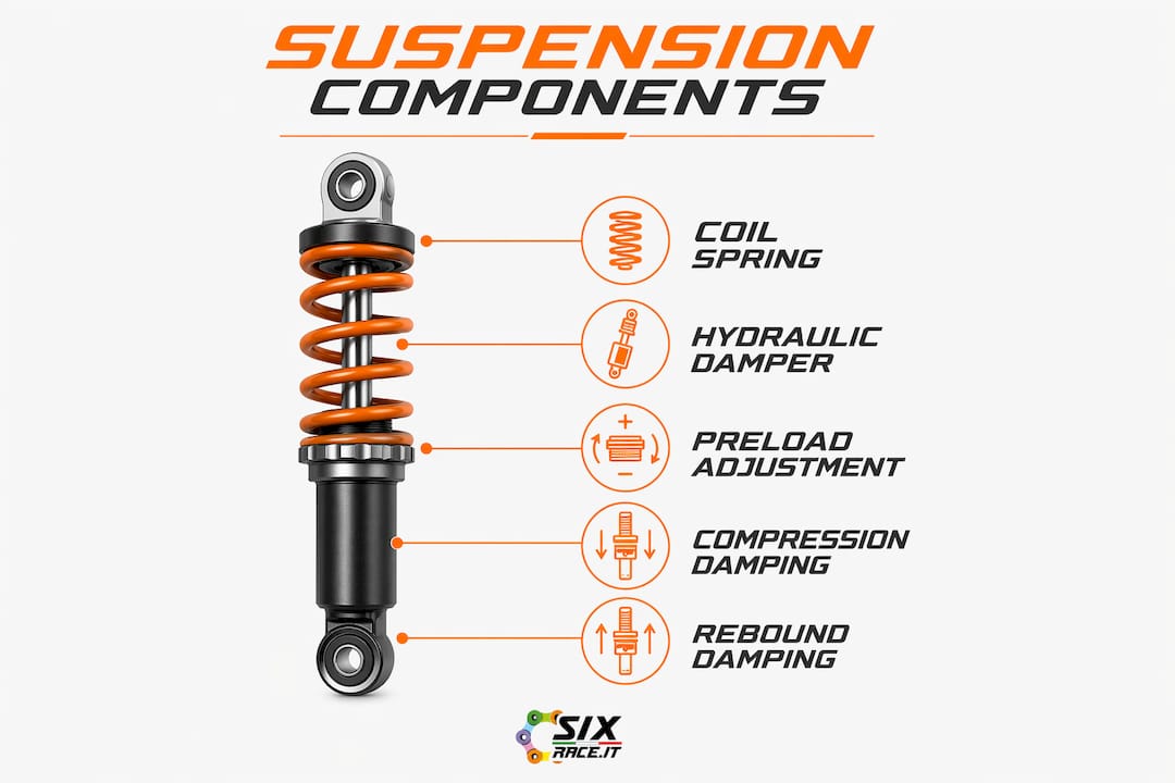 Infografía que muestra las funciones de los componentes de la suspensión de una motocicleta.