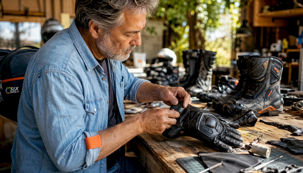 Primer plano de guantes y botas sobre un banco de trabajo.