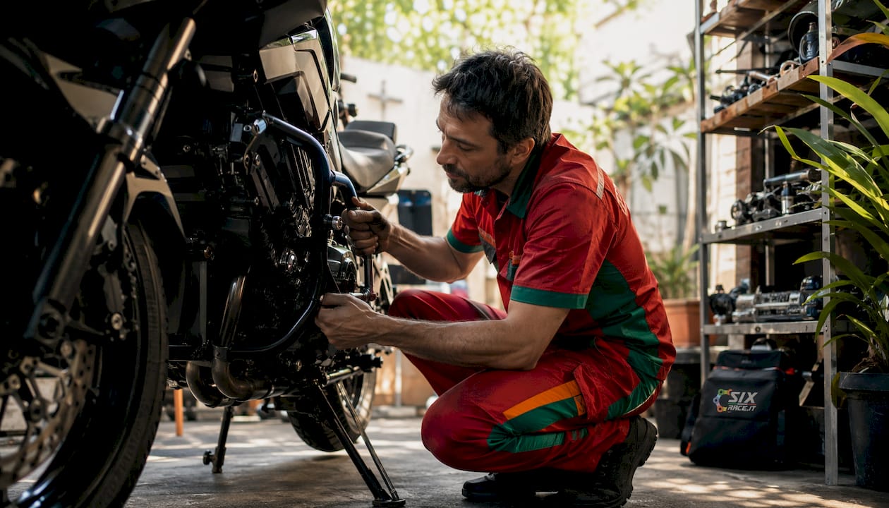 Mecánico instalando protector de motor en motocicleta