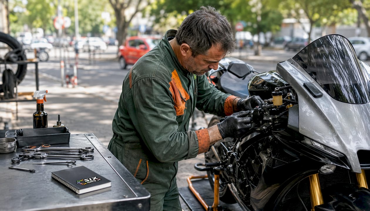 Mecánico actualizando el cilindro maestro de una motocicleta al aire libre