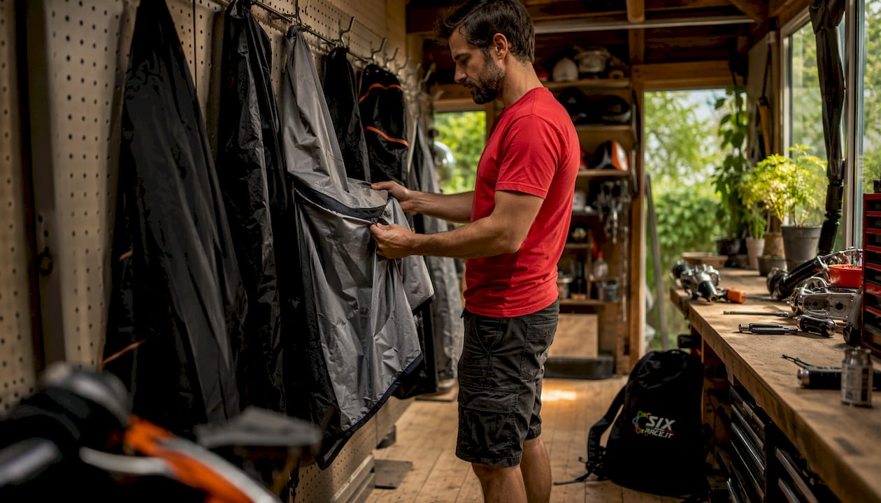 Uomo che ispeziona diversi tipi di coprimoto