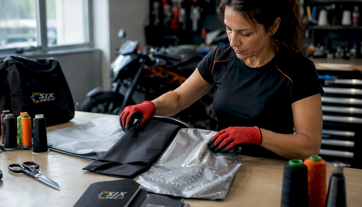 Test manuale di campioni di tessuto per coperture di motociclette.