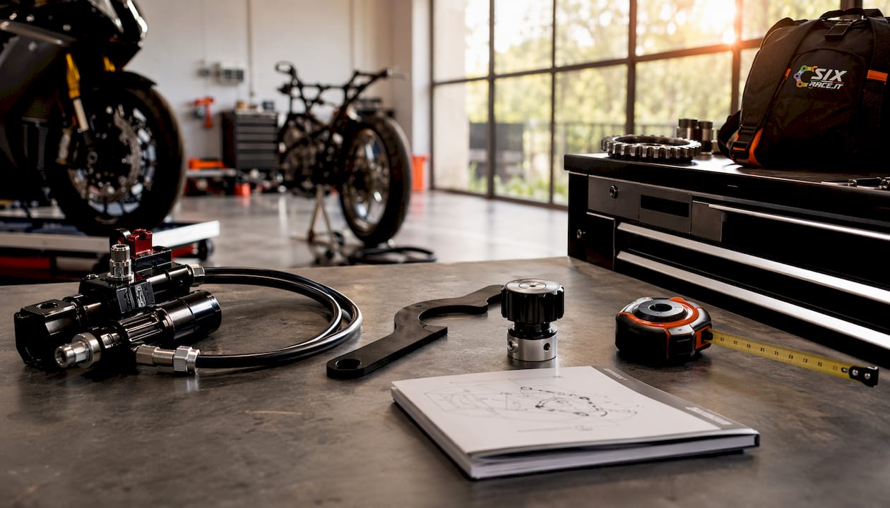 Primo piano degli strumenti di regolazione del precarico della motocicletta disposti in modo ordinato