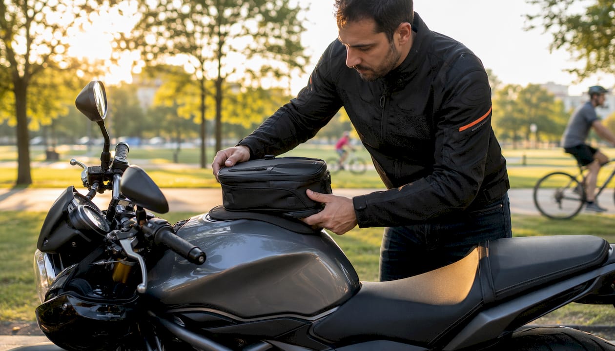 Motociclista che fissa la borsa da serbatoio al serbatoio della moto.