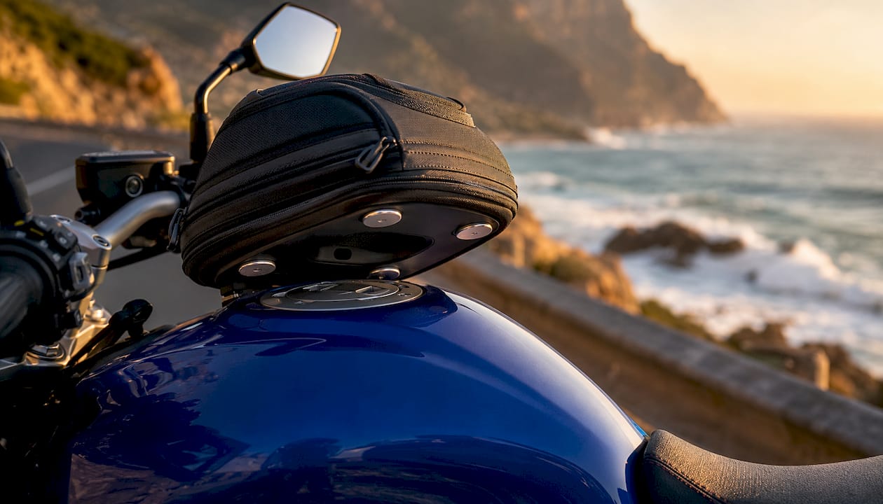 Primo piano dell'attacco magnetico per la borsa da serbatoio sulla motocicletta.