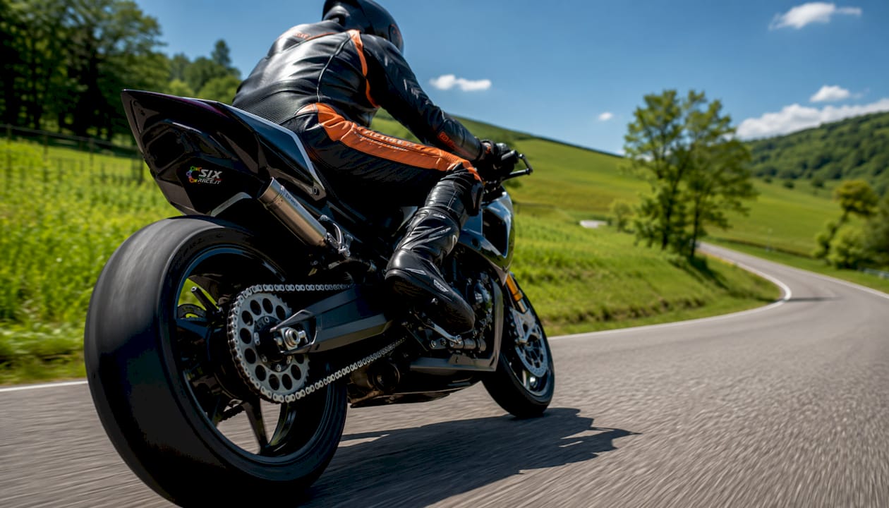 Ruota posteriore della motocicletta con catena che gira velocemente