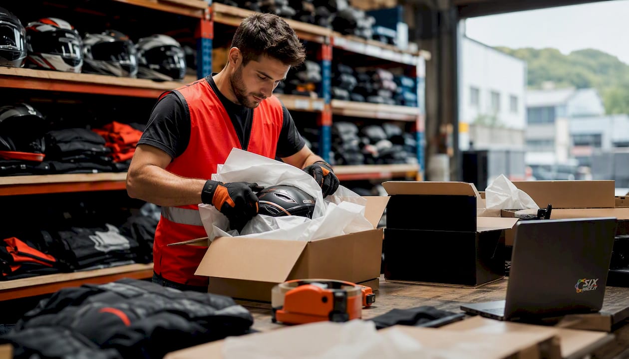 Addetto al magazzino che imballa accessori per motociclette