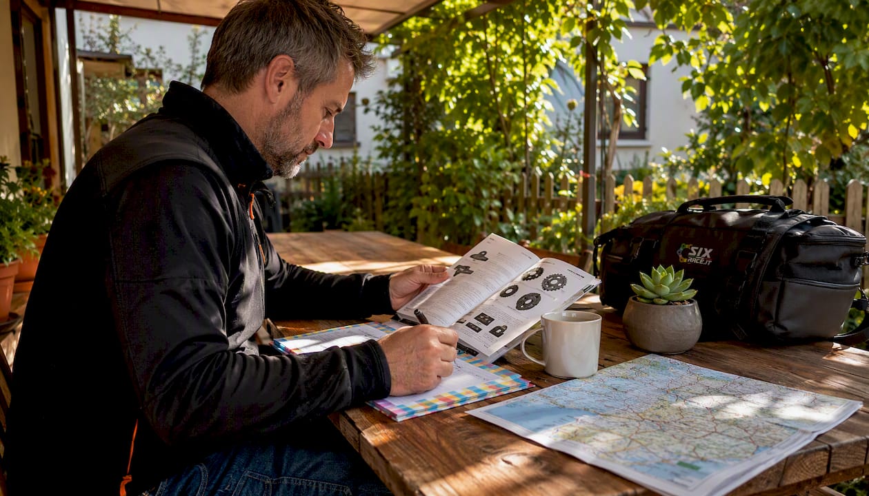 Motociclista che consulta un catalogo di ricambi a casa
