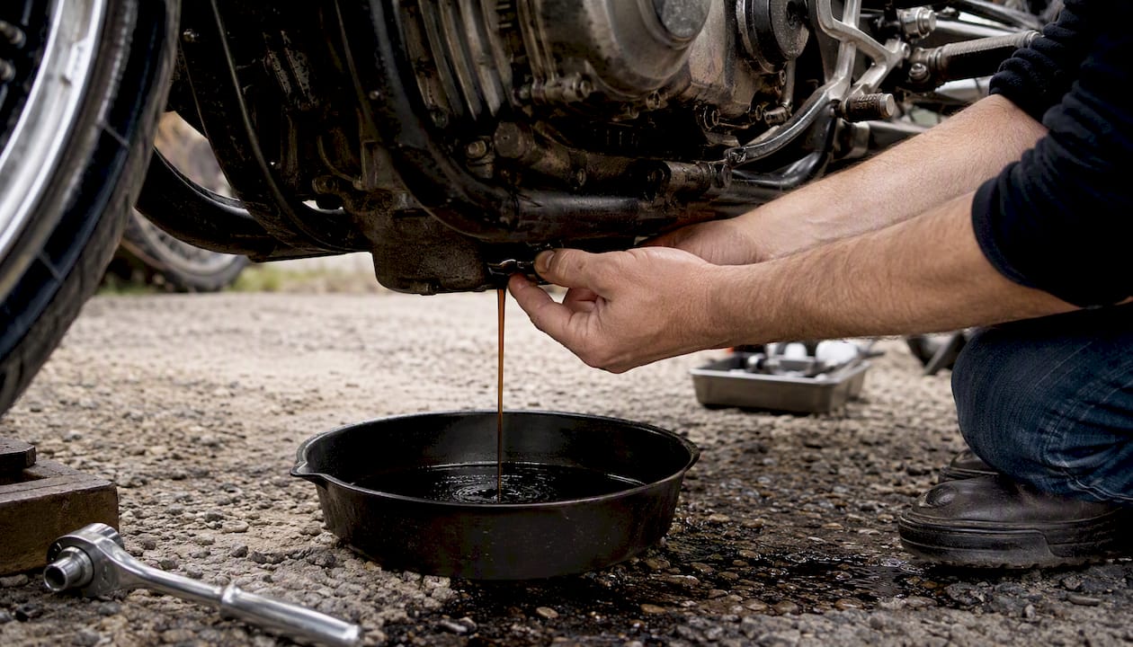Hands draining motorcycle engine oil