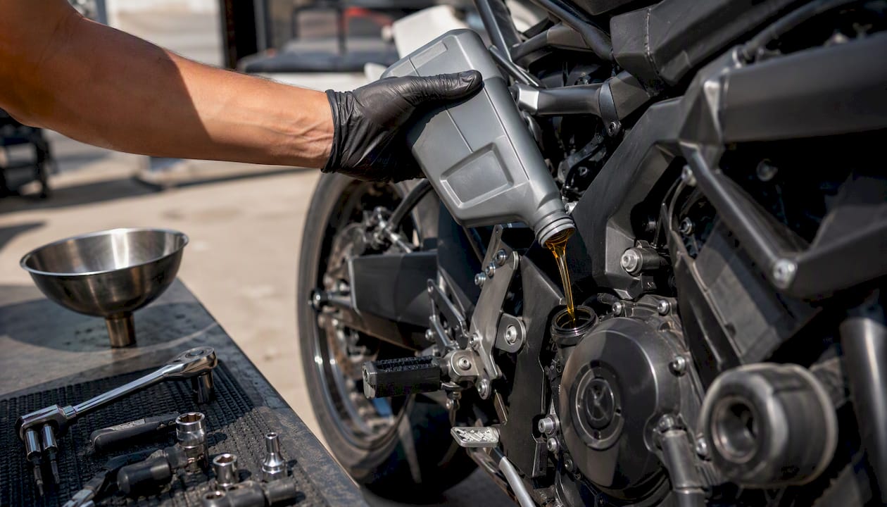 Pouring motorcycle engine oil into engine