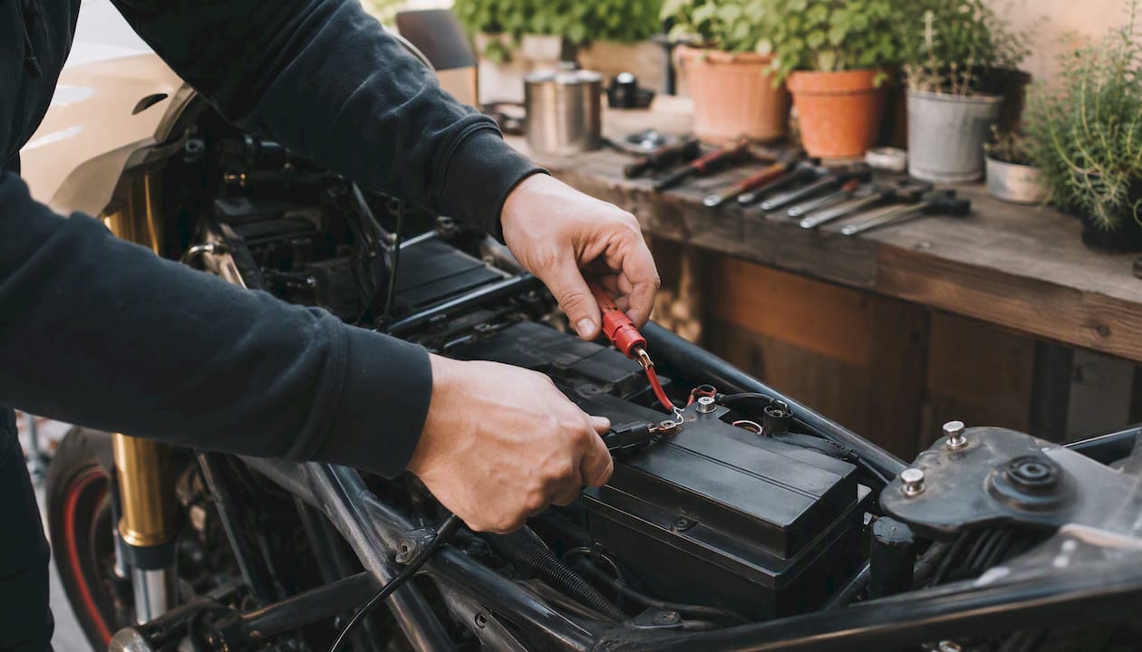 Hands connecting battery tender to motorcycle battery