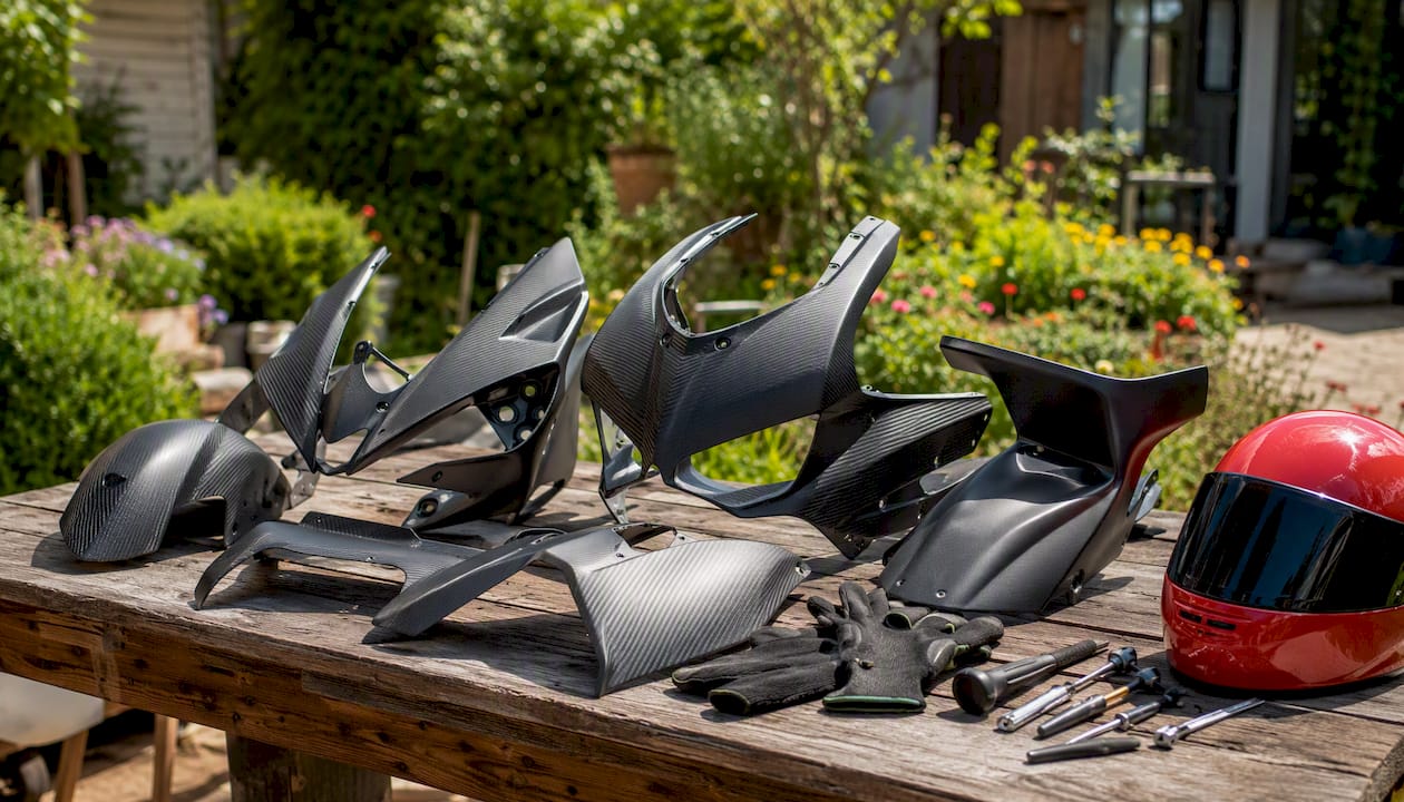 Variety of motorcycle fairings on workbench